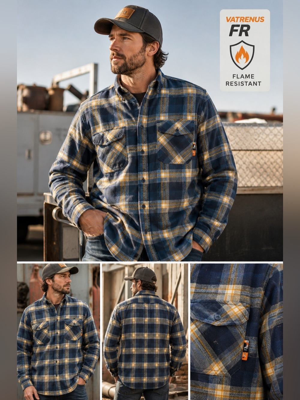 Vatrenus FR Flame Resistant Plaid Flannel Work Shirt Men’s Large Blue Yellow B3